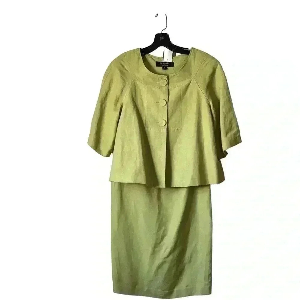 Signature by Larry Levine Olive Linen Cropped 3/4 Sleeve Jacket& Skirt Size 8